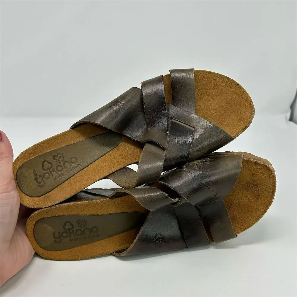 Yokono Women's Brown Leather Slip-On Wedge Sandals Size 9 Comfort Summer